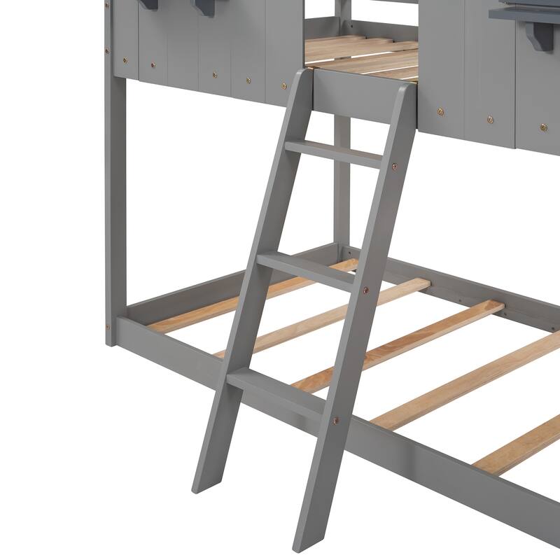 Twin Over Twin House Bunk Beds with Roof and Window, Floor Bunk Bed, Wooden Playhouse Bedframe with Safety Guardrails and Ladder