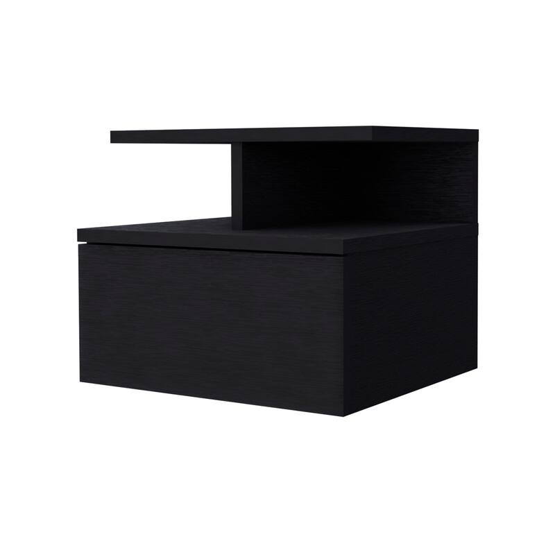 1-Drawer Floating Nightstand with Wall-Mounting and 2-Tier Shelf