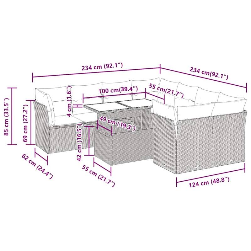 vidaXL Patio Sofa Set with Cushions Outdoor Furniture 9 Piece Poly Rattan - 21.7 x 39.4 x 28.7 in