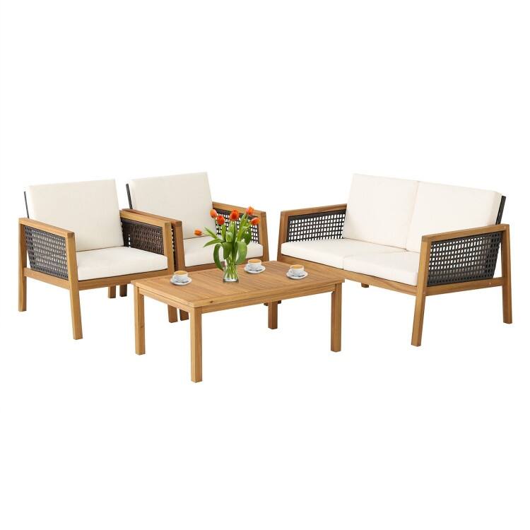 4 Pieces Patio Rattan Furniture Set with Removable Cushions - 30.5" x 48" x 29" (L x W x H)