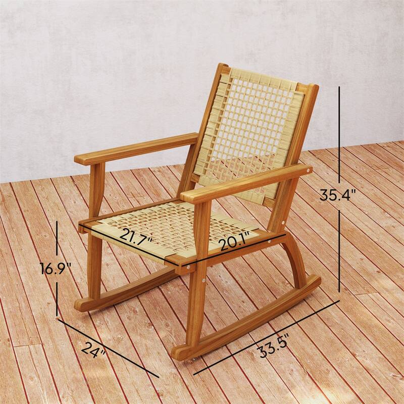 Khaki Acacia Wood PE Wicker Rocking Chairs Set of 2 with Foot Pads - 24" W x 33.5" D x 35.4" H