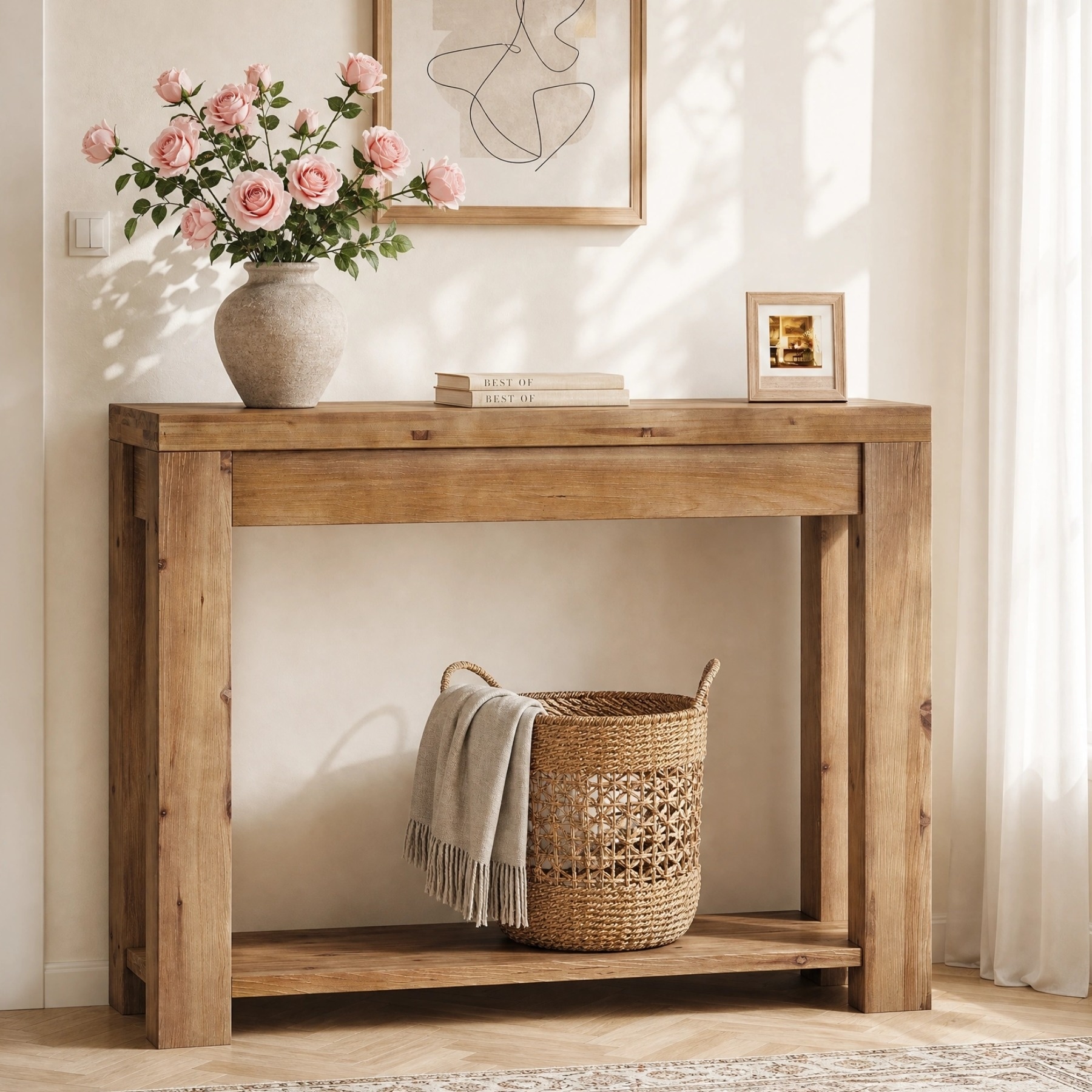 43.3" Solid Wood Console Table, Narrow Entryway Sofa Table with 2-Tier Shelving