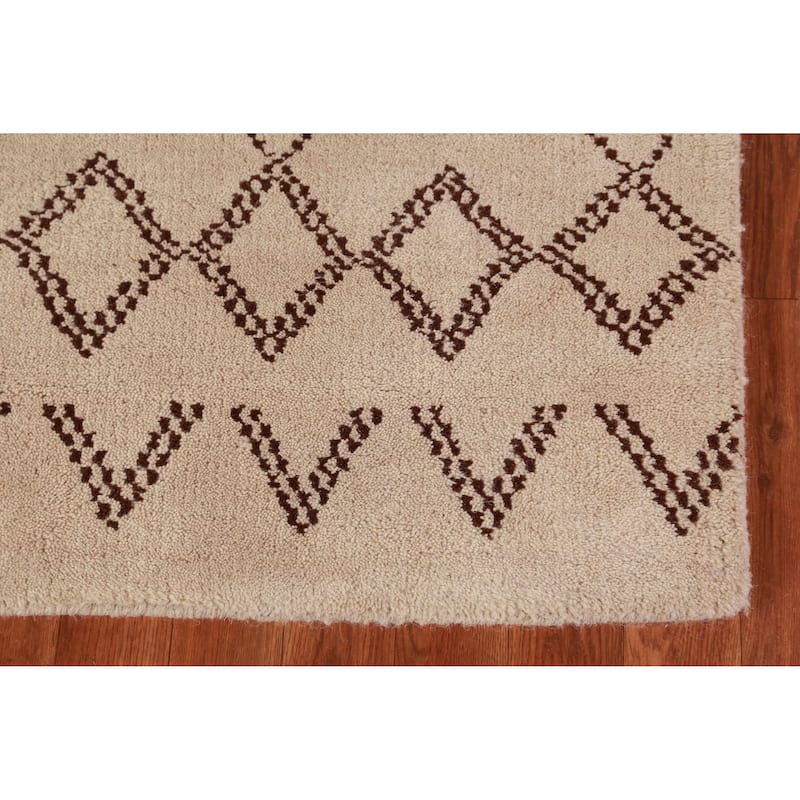 Hand Knotted Oriental 100% Wool Carpet Modern Geometric Beige & Ivories Moroccan Area Rug - 8' 0'' X 5' 0''