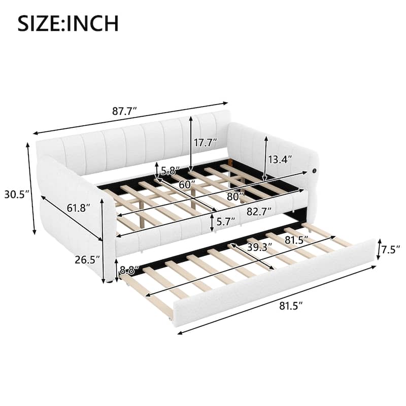 Modern Fabric Upholstered Daybed Queen Size Sofa Bed Frame with Backrest and Armrests, USB Charging Ports, No Box Spring Needed
