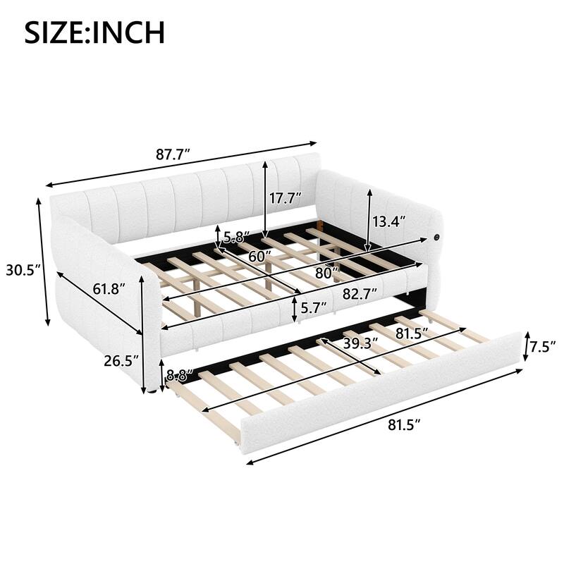 Queen Size Upholstered Daybed with USB and Optional Platform Storage Bed with 2 Drawers or Low Profile Sofa Bed with Trundle Bed