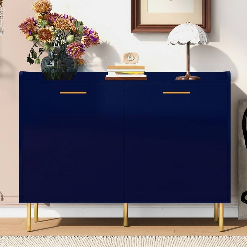 47.2 in. W Wooden Storage Cabinet with Drawers, Steel Pipe Table Legs - Navy Blue