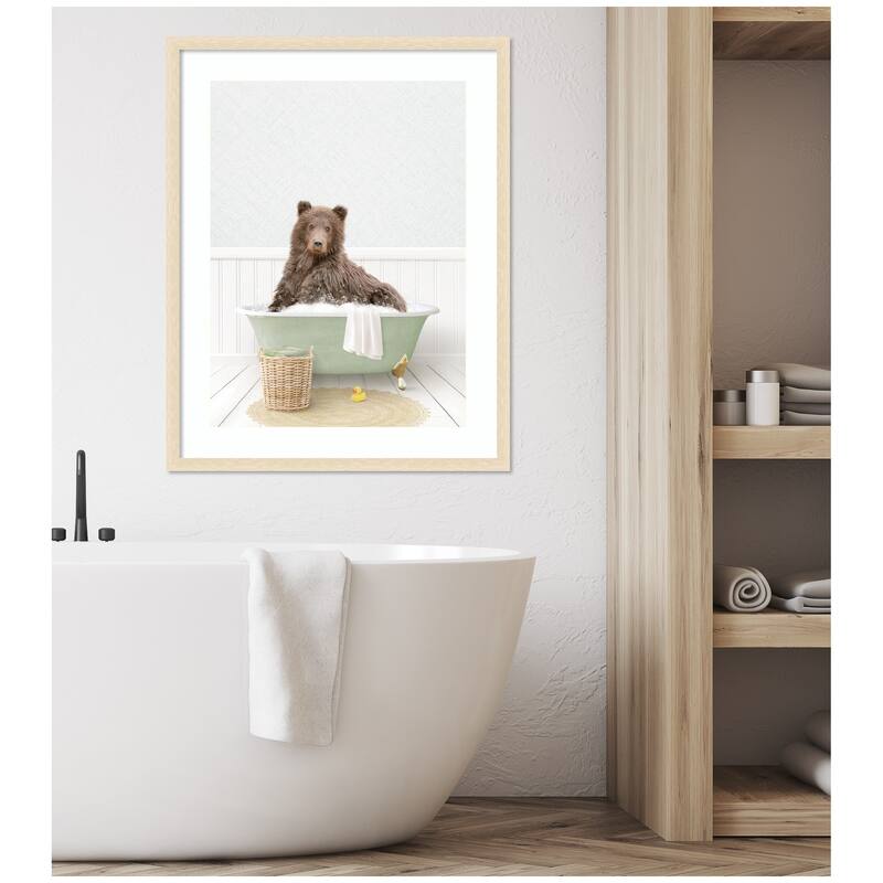 Kate and Laurel Bear in Cottage Green Bath by Amy Peterson Framed Wall Art Print