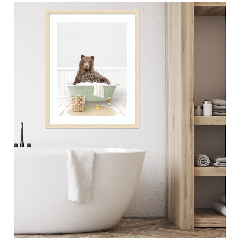 Kate and Laurel Bear in Cottage Green Bath by Amy Peterson Framed Wall Art Print