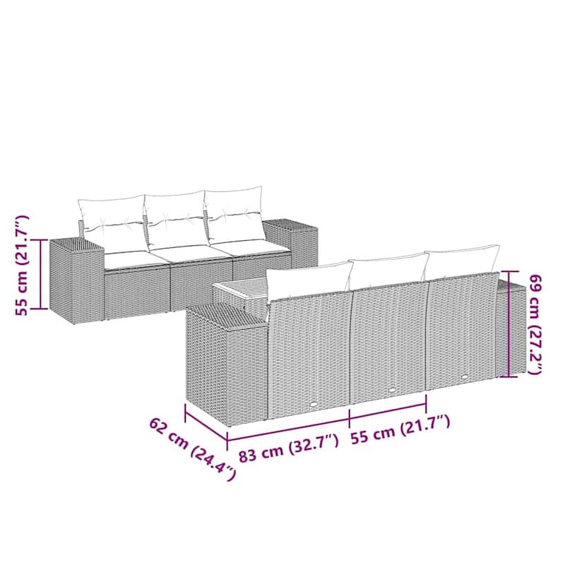 vidaXL Patio Sofa Set with Cushions Outdoor Furniture 7 Piece Poly Rattan - 21.7 x 24.4 x 27.2