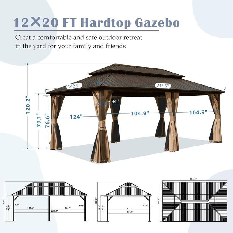 12' x 20' Outdoor Aluminum Hardtop Gazebo with Galvanized Steel Double Roof with Curtain and Netting