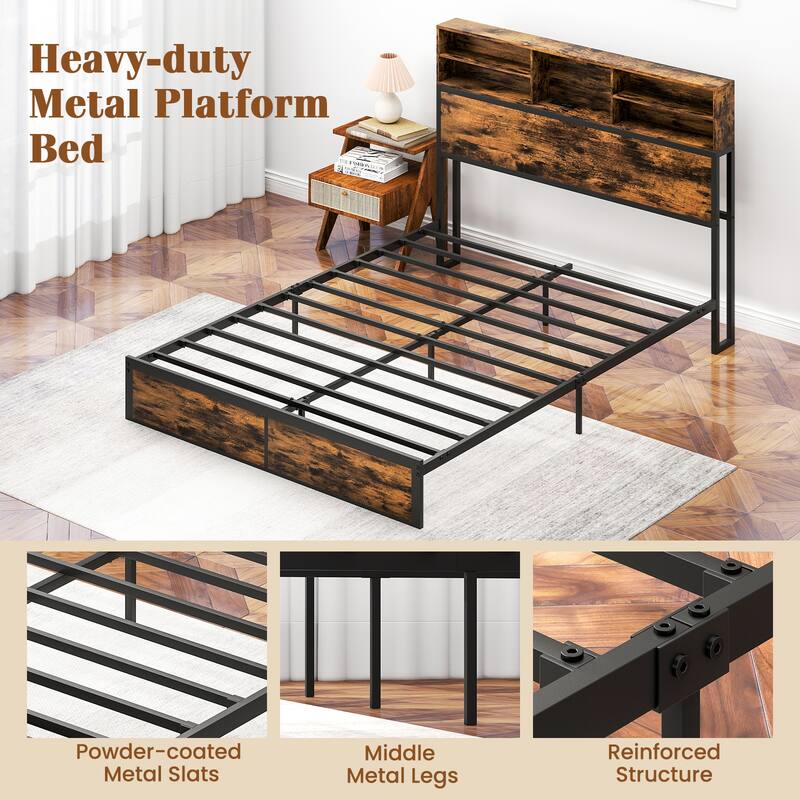 Metal Platform Bed Frame with Headboard Storage and USB Charging Ports