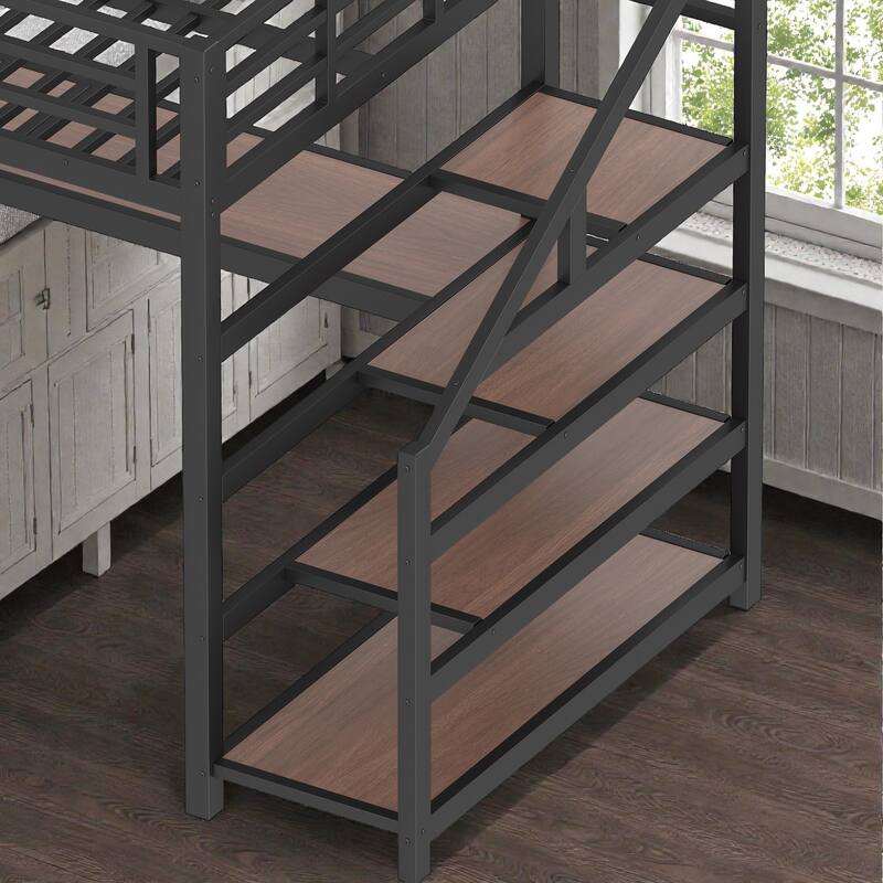 Twin XL Metal Loft Bed with Desk and Storage Stairs, LED Lights, USB Ports, Noise-Free Design