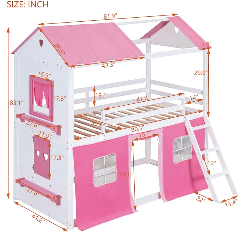 Pink+White Wood Castle House Bunk Bed with Windows, Sills, Tent, and Slide, Playhouse Design