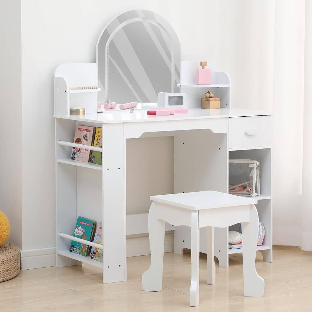 2 in 1 Kids Vanity Table & Stool with Lighted Mirror, Bookshelf and Makeup Palyset