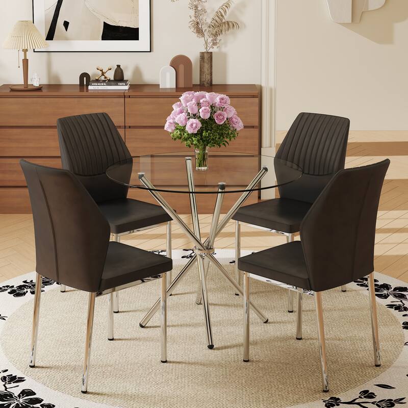 4-Piece Dining Set with 36.6'' Round Tempered Glass Table & Black-Silver Chairs - Modern Luxe Style - Black+Silver,Transparent