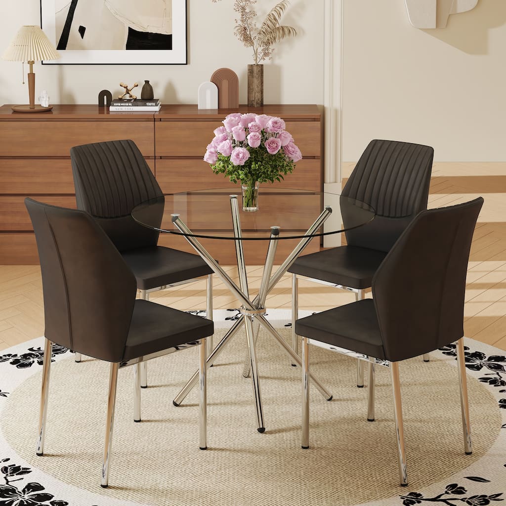 4-Piece Dining Set with 36.6'' Round Tempered Glass Table & Black-Silver Chairs - Modern Luxe Style