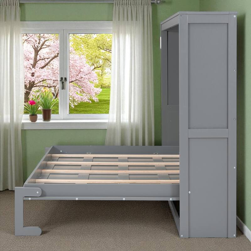 Full/Queen Size Murphy Wall Bed with Folding Cabinet, Piston Lift Mechanism, Slatted Base, Space-Saving Design