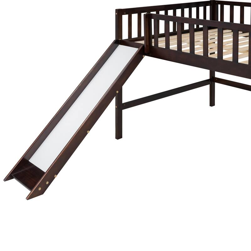 Low Loft Bed with Ladder and Slide, Solid Wood Loft Bed Frame with Full-Length Guardrail for Boys or Girls, No Box Spring Needed
