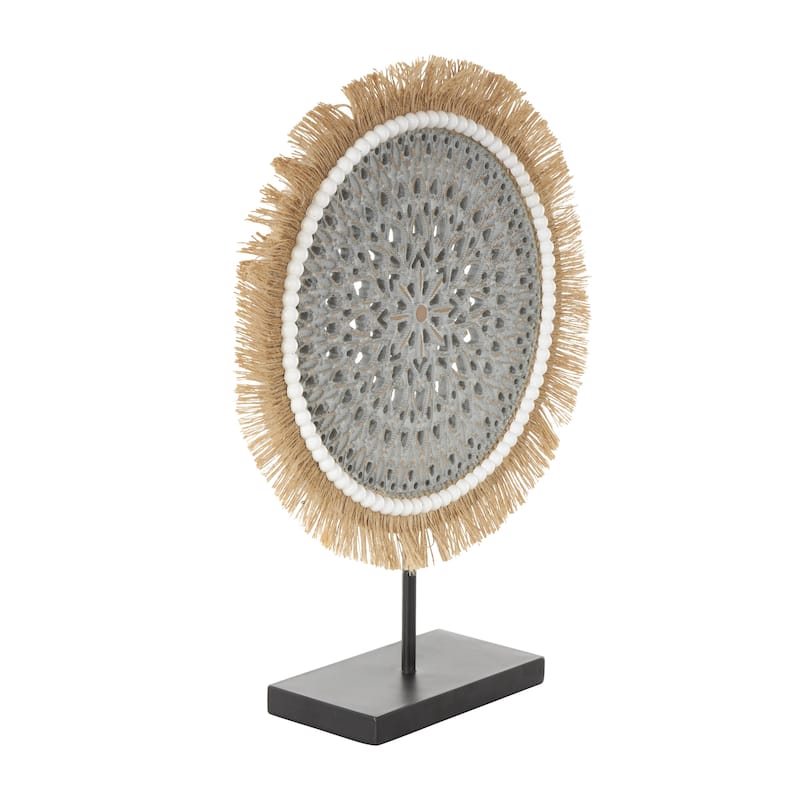 Wooden Tribal Handmade Seagrass Fringed Decorative Sculpture with Black Base - White or Gray - Roche River Decor