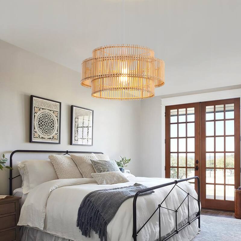 Solara 16 in. 2-Tiers 1-Light Pendant Light with Bamboo Round Shade, No Bulbs Included