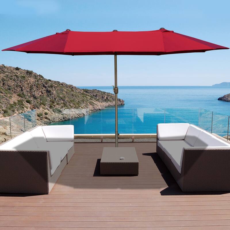 Outsunny Patio Umbrella 15' Steel Rectangular Outdoor Double Sided Market with base, UV Sun Protection & Easy Crank - Wine Red