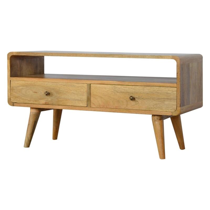 HomeRoots 35" Oak Solid Wood Enclosed and Open Storage TV Stand - 35.40 in. x 18.50 in. x 13.80 in.