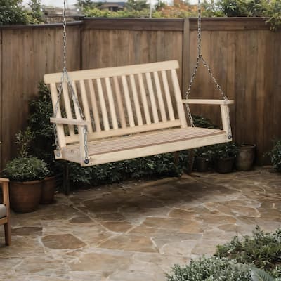 47" Outdoor Wood Hanging Swing Chair with Slatted Build and Chains