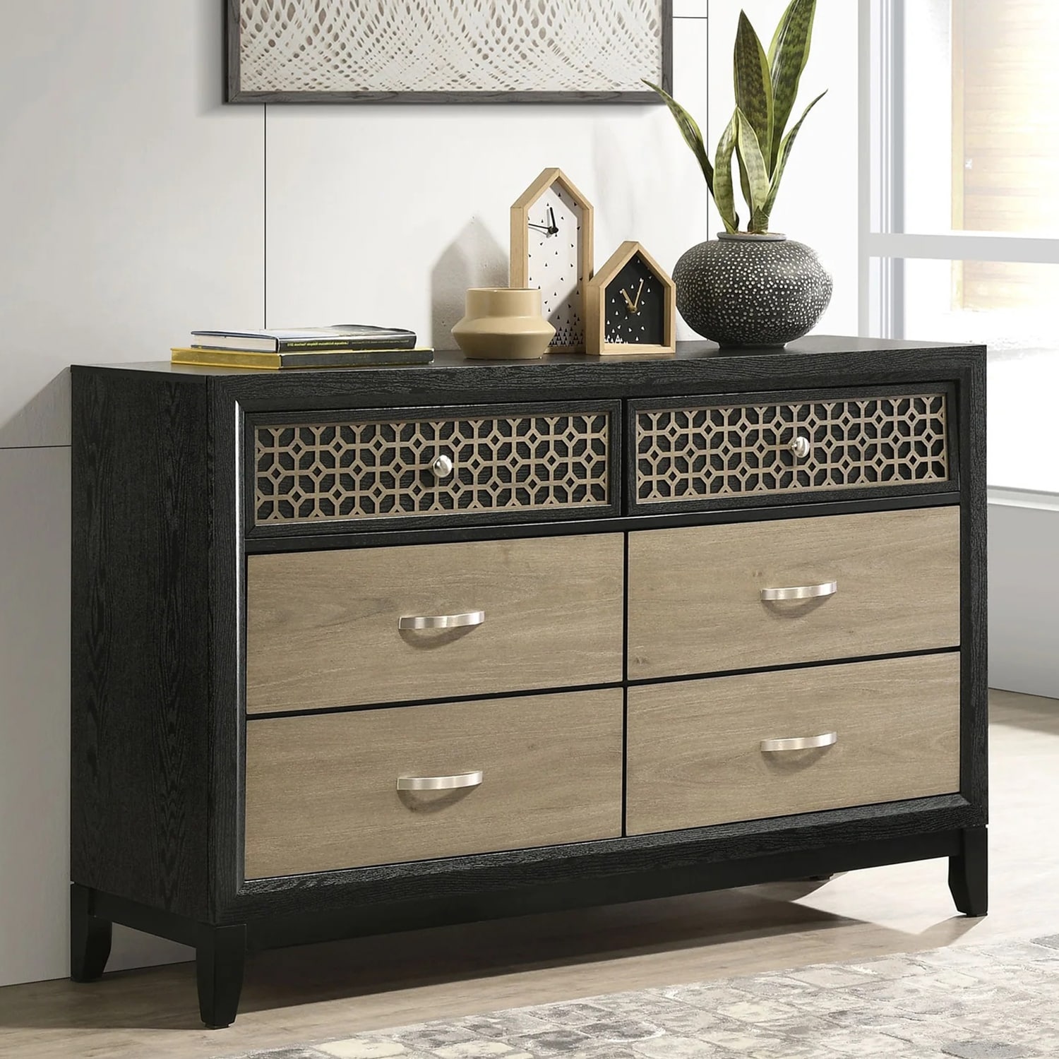 6 Drawers Dresser with Cutout Trim in Black and Light Brown 6 Drawers Dresser with Cutout Trim in Black and Light Brown