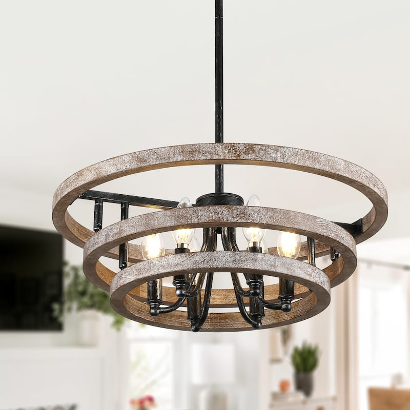 Oaks Aura Wooden Chandelier,Farmhouse Wood Pendant Light,Caged Light Height Adjustable Hanging Lamp for Living Room,Dining Room