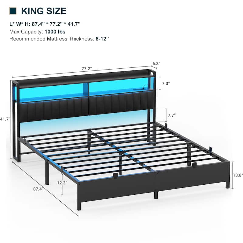 Platform Bed Frame with Upholstered Storage Headboard, Full/ Queen/ King Beds with Charge Station and LED Lights