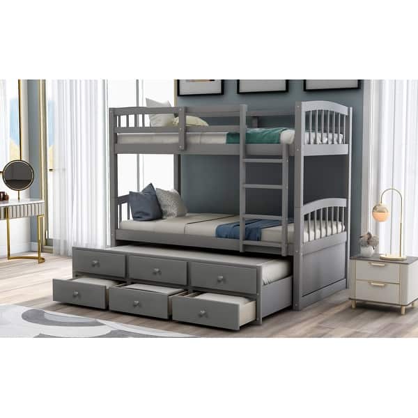 slide 2 of 14, Wood Bunk Bed with Twin Size Trundle Bed, Grey Grey