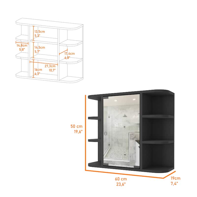 6-Shelf Medicine Cabinet with Mirror Panel Door, 3 Open Shelves on Each Side for Bathroom or Living Room Storage