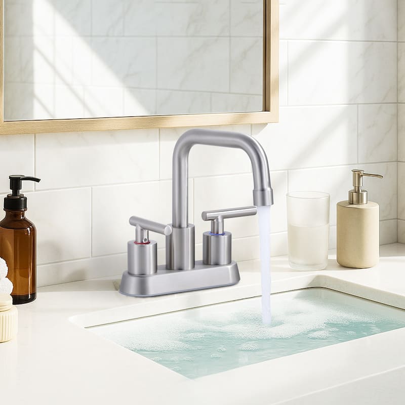 WOWOW 4 in. Centerset Double Handle Bathroom Faucet with Drain Kit