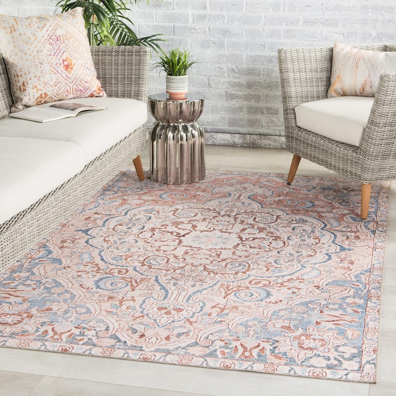 Gracewood Hollow Dadzie Indoor/Outdoor Blue and Light Pink Medallion Area Rug