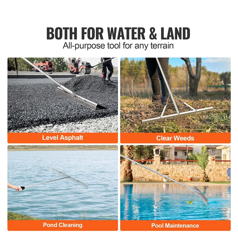 Grey 36" Head Aluminum Landscape Rake with 75" Long Handle Ideal for Loosening Soil or Lawn Care - 75.39" x 35.98" x 3.94"