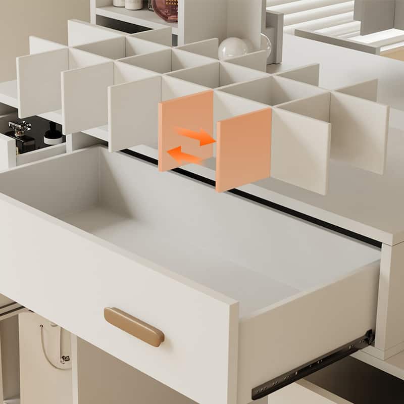 XINMICS Makeup Vanity Dressing Table, Vanity Desk with Mirror and Lights and Charging Station with 7 Drawers & 3 Cabinets