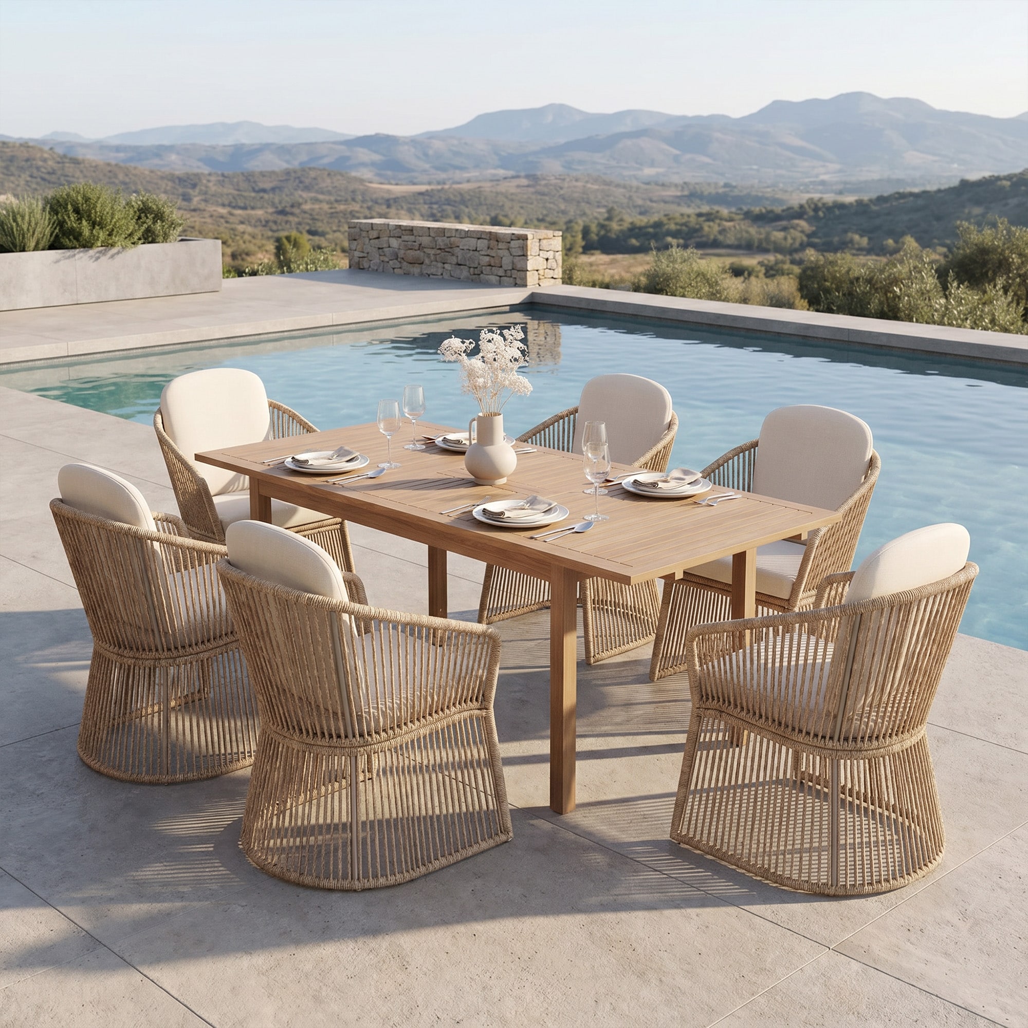 7-Piece Extendable Acacia Wood Dining Set Outdoor Dining Table with 6 PE Wicker Chairs