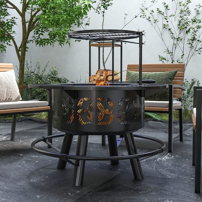 CUSchoice Black Portable 33" Fire Pit BBQ Grill with Adjustable Grate & Accessories - 33" Dia. x 33" H