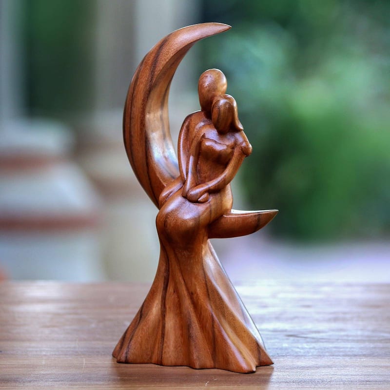 NOVICA Romance on the Moon, Wood sculpture - 11.75" H x 6" W x 3.1" D