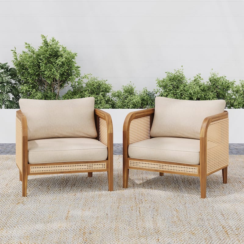 Outdoor Patio Cushioned Arm Chair Set of 2 - Teak and Beige