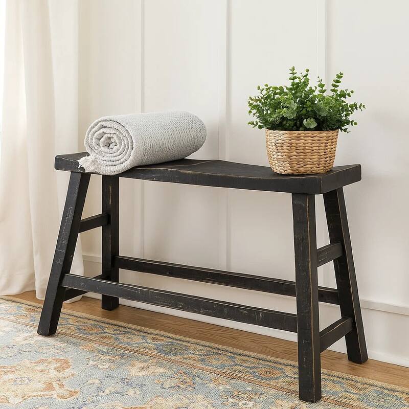 Rena Counter Height Bench, 33 Inch Rustic Black Mahogany Wood Frame