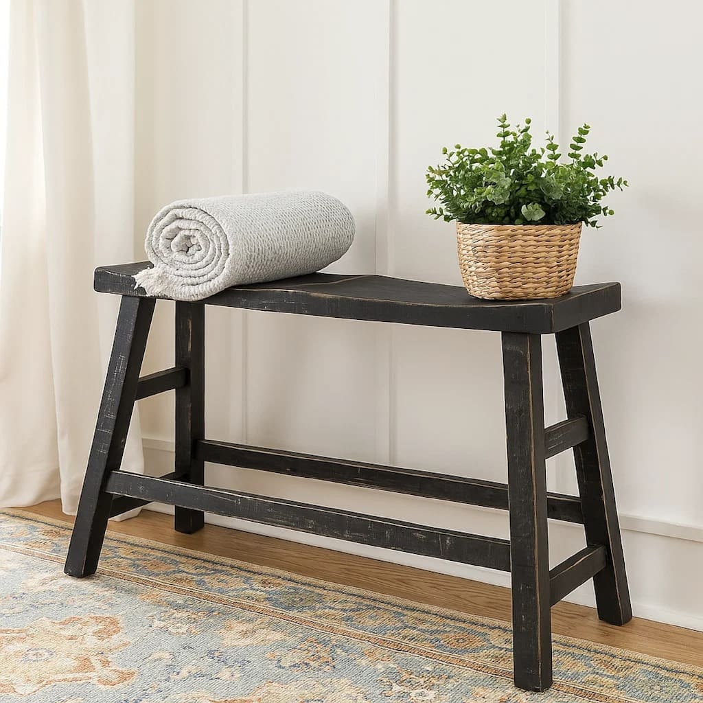 Rena Counter Height Bench, 33 Inch Rustic Black Mahogany Wood Frame
