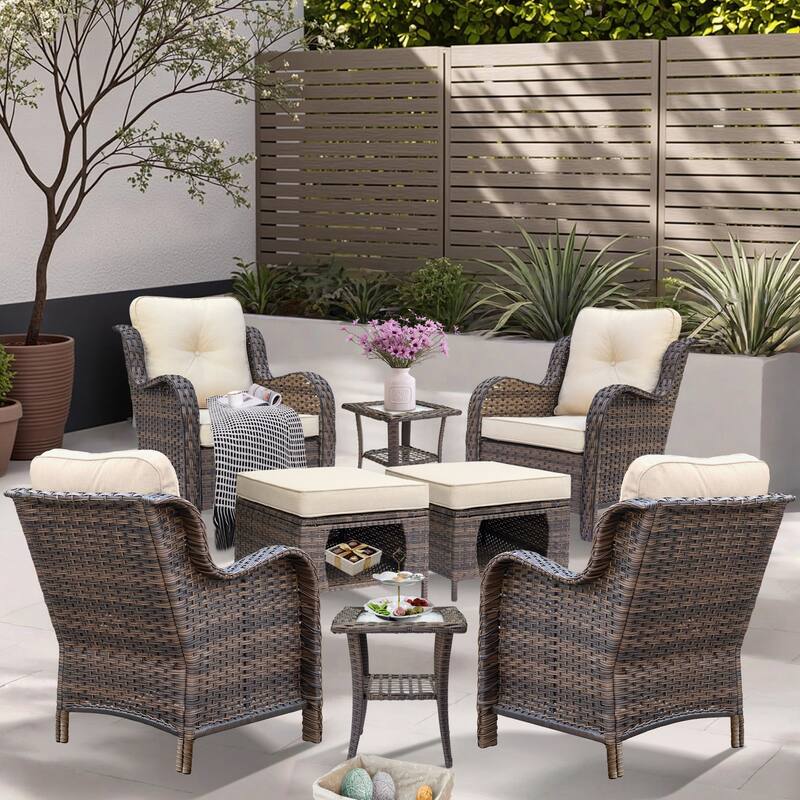 8 Piece Outdoor Wicker Patio Furniture Conversation Chair and Ottoman Set