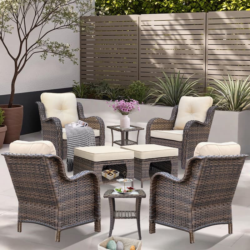Outdoor Brown Wicker Patio Furniture Seating Sets with Beige Cushions - 8 Piece