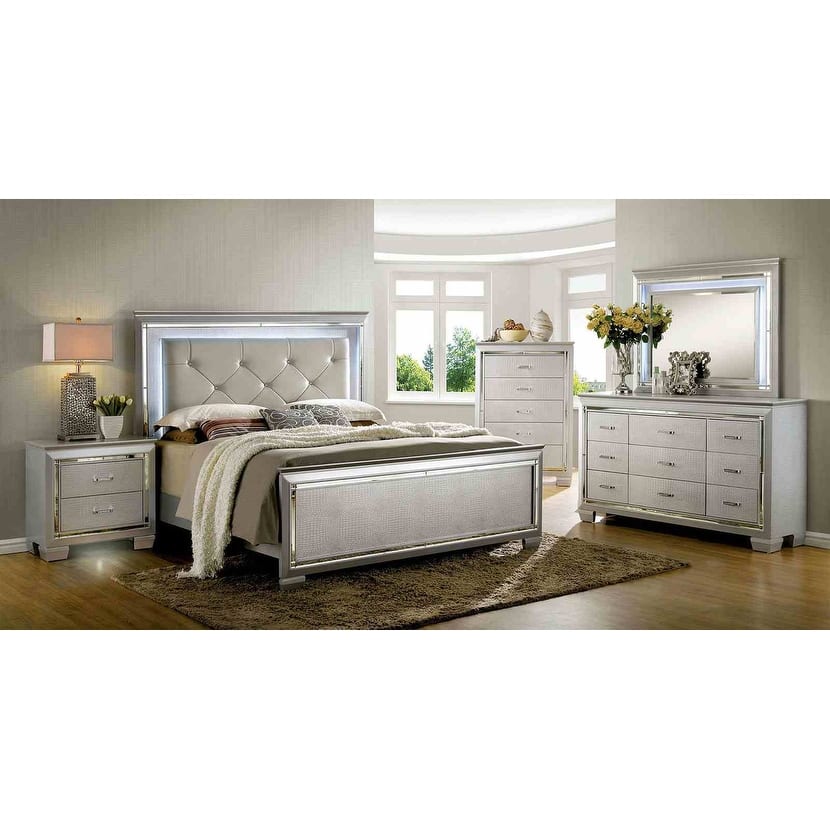Silver Finish Bedroom Set Contemporary LED Bed Dresser Mirror Nightstand Chest