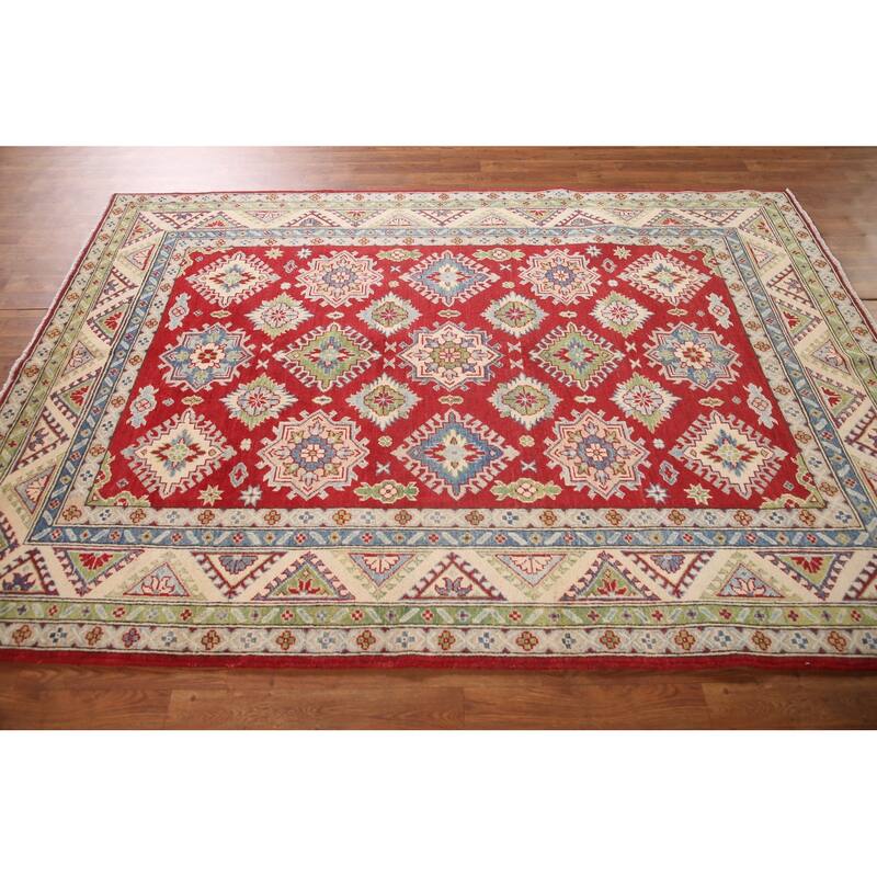 Geometric Red Kazak Oriental Area Rug Handmade Wool Carpet - 5'8" x 7'10"