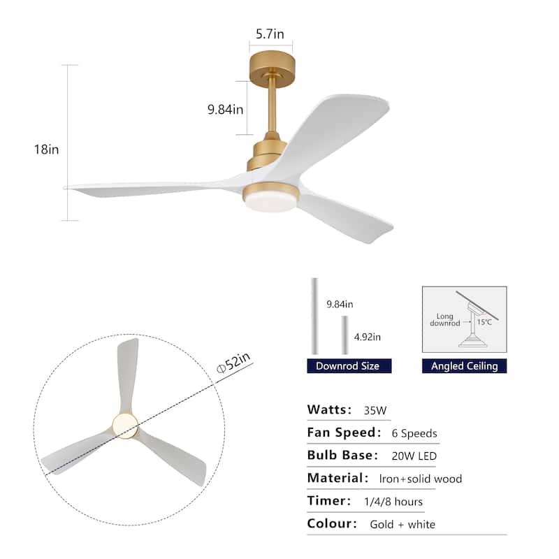 52 Inch Indoor Ceiling Fan With Dimmable LED Light 3 Solid Wood Blades Remote Control Reversible DC Motor - Gold+White