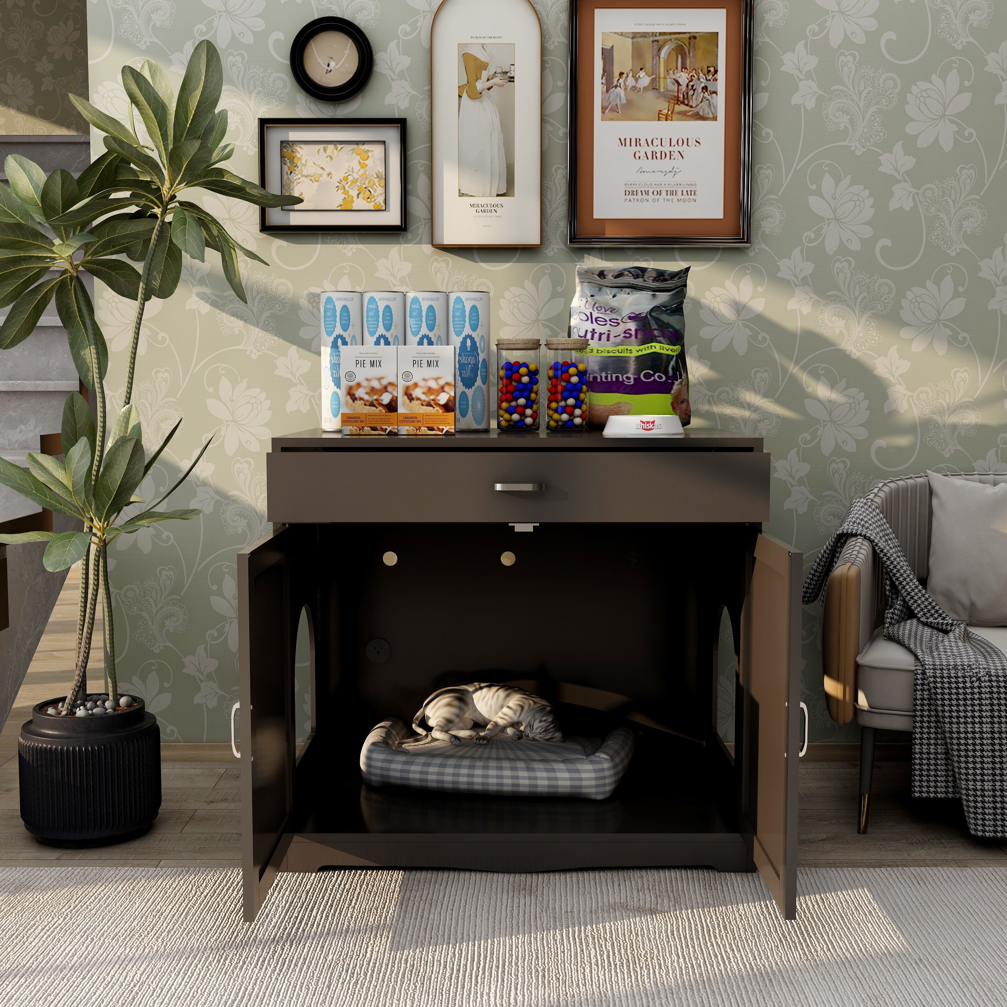 Litter Box Enclosure Furniture w Hidden Plug Storage Bench Side