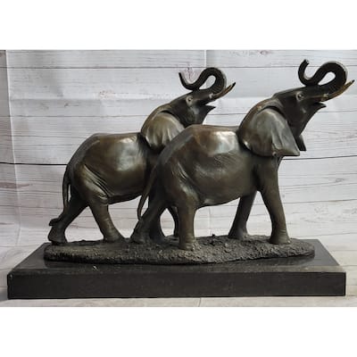 Two Trumpeting Imitative Elephants Bronze Metal Statue Sculpture Figure Decor On Marble Base