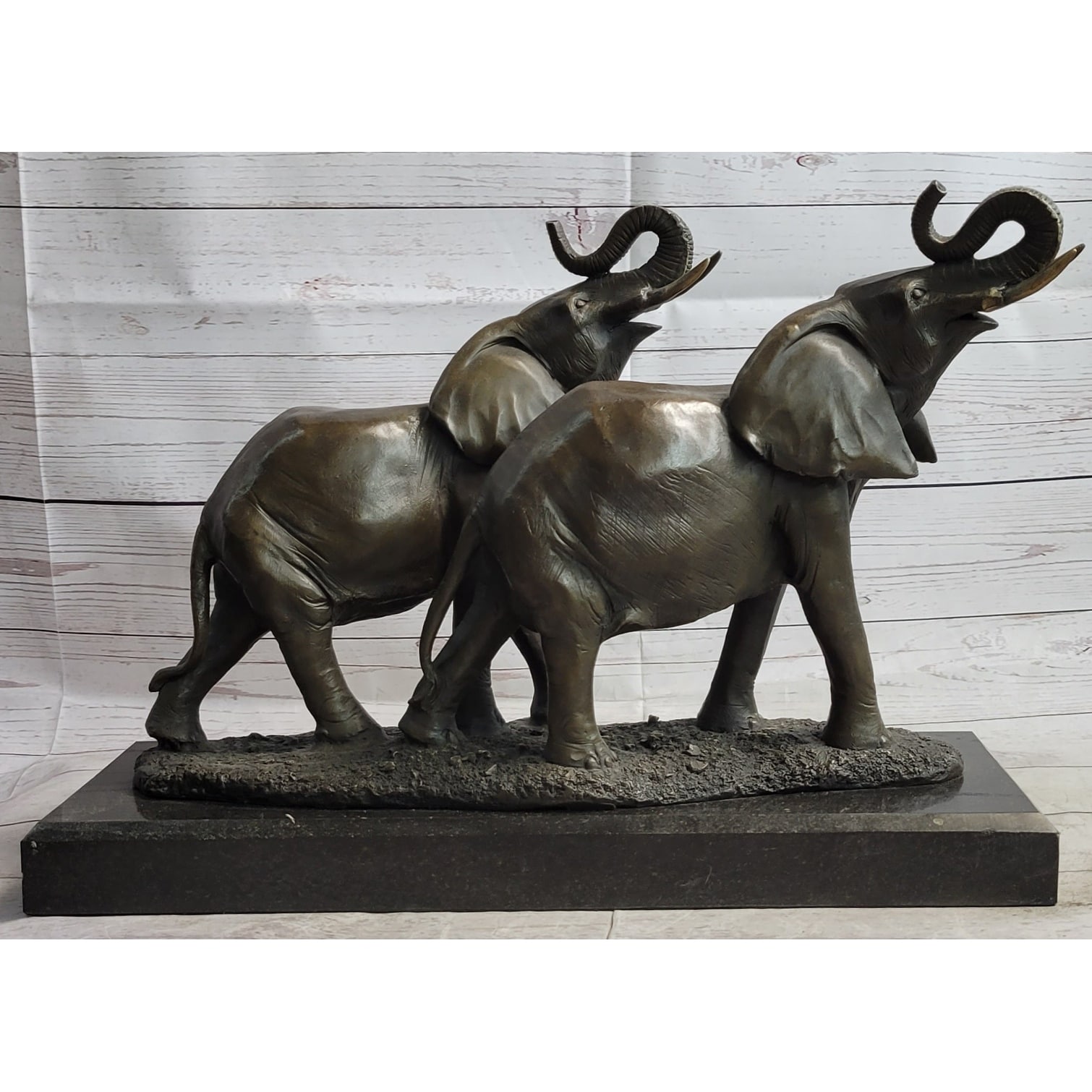Two Trumpeting Elephants Bronze Metal Statue Sculpture Figure Decor On Marble Base